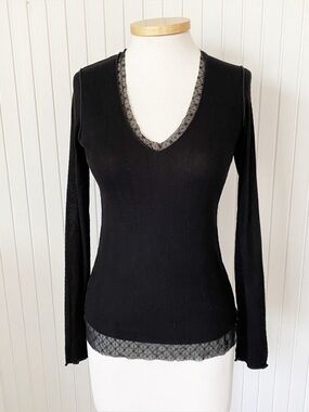 Pete Collection Black Long Sleeve V-Neck Top Shirt Lace Trim Tee Size Medium